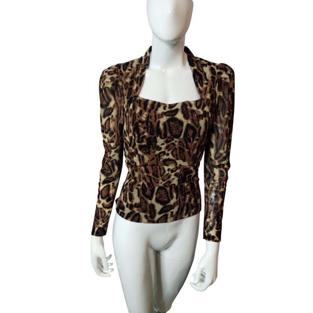 Y2K Women's S/M Shimmer Leopard Smoked Wild Stretchy Top Puff Sleeve Festival